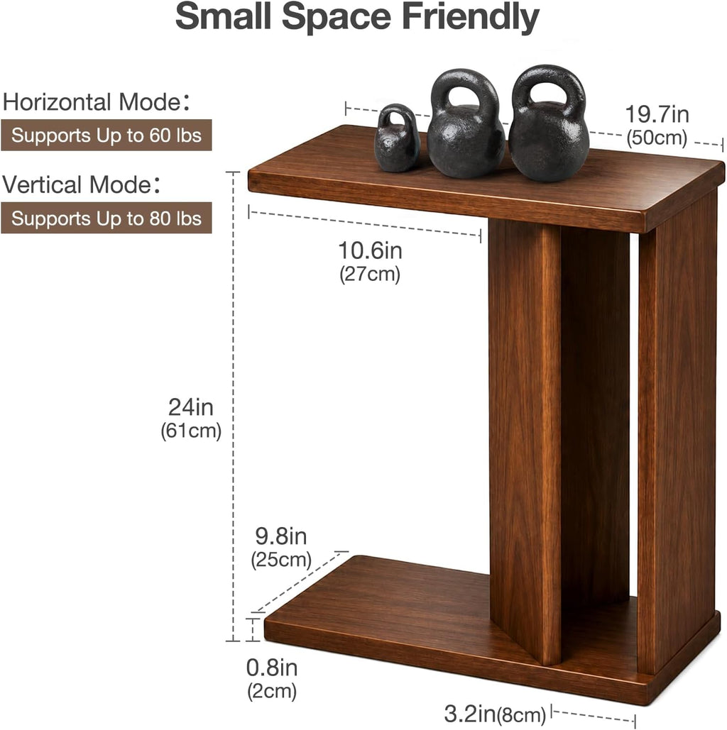 2-in-1 C-Shaped End Table & Side Table, Solid Rubberwood Side Table with Storage Shelf, Small End Table for Sofa Couch, Mid-Century Narrow Nightstand for Living Room Bedroom & Small Spaces