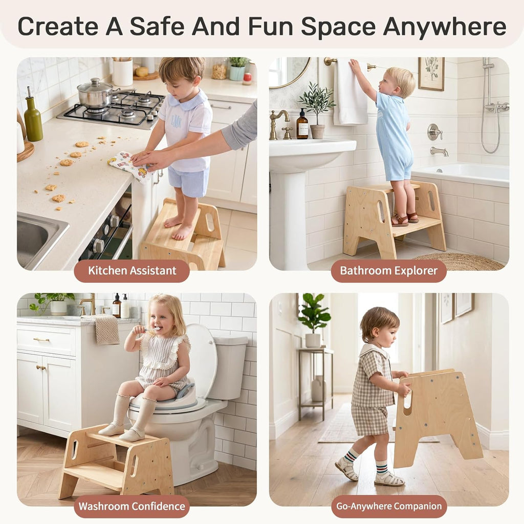WINGYZ Toddler Step Stool, 3-Height Adjustable Wooden Stool for Kids, FSC & ASTM Birch Marine Plywood, 200lb Capacity, Bathroom Sink Independence, Kitchen Potty Training, Natural Wood
