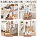 WINGYZ Toddler Step Stool, 3-Height Adjustable Wooden Stool for Kids, FSC & ASTM Birch Marine Plywood, 200lb Capacity, Bathroom Sink Independence, Kitchen Potty Training, Natural Wood