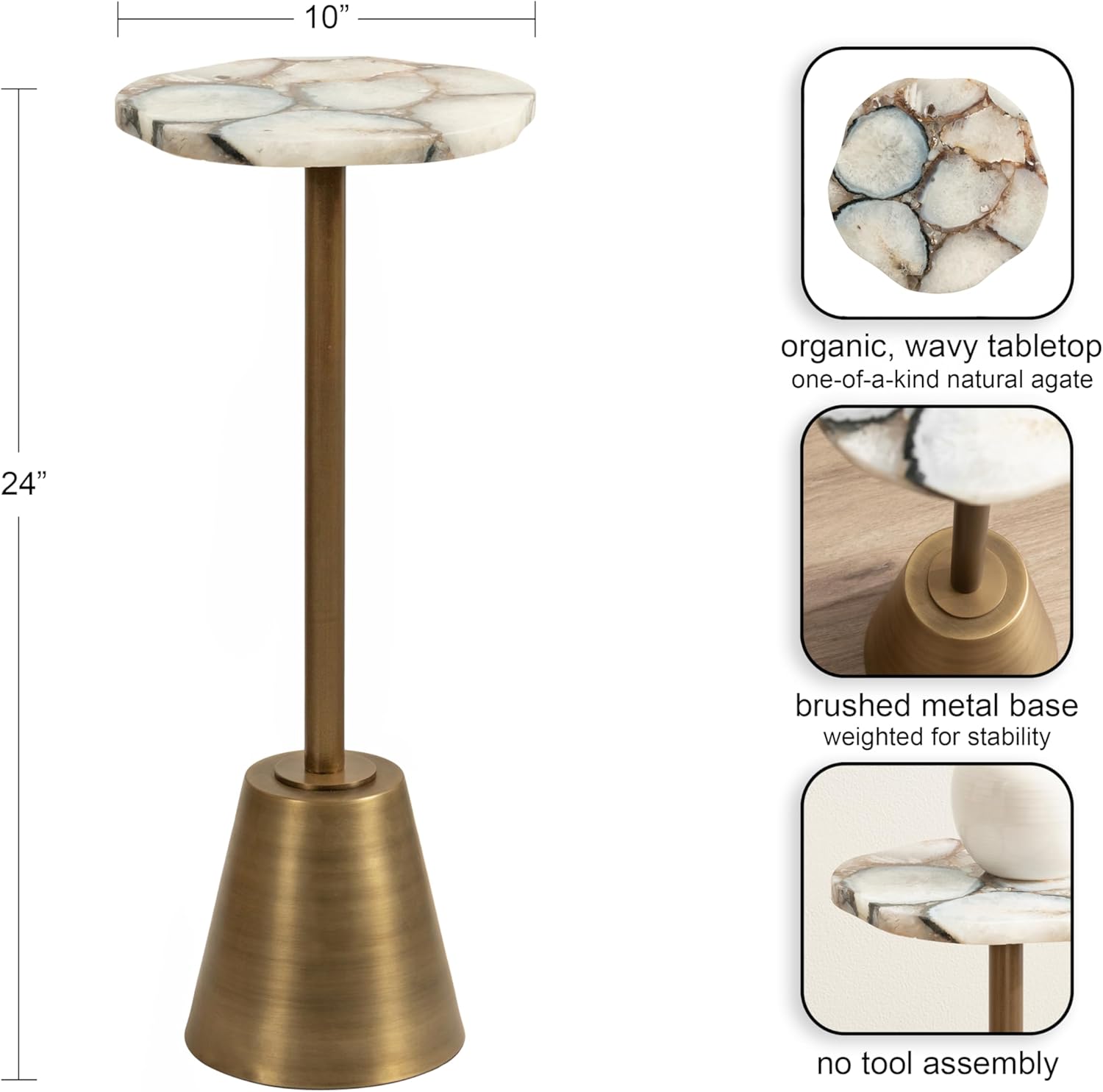 Kate and Laurel Tira Elegant Wavy Round Drink Table, 10 x 10 x 24, Natural Agate and Antique Brass, Vintage Scalloped Circular Mini Table with One-of-a-Kind Stone Tabletop for Indoor Plant Stand