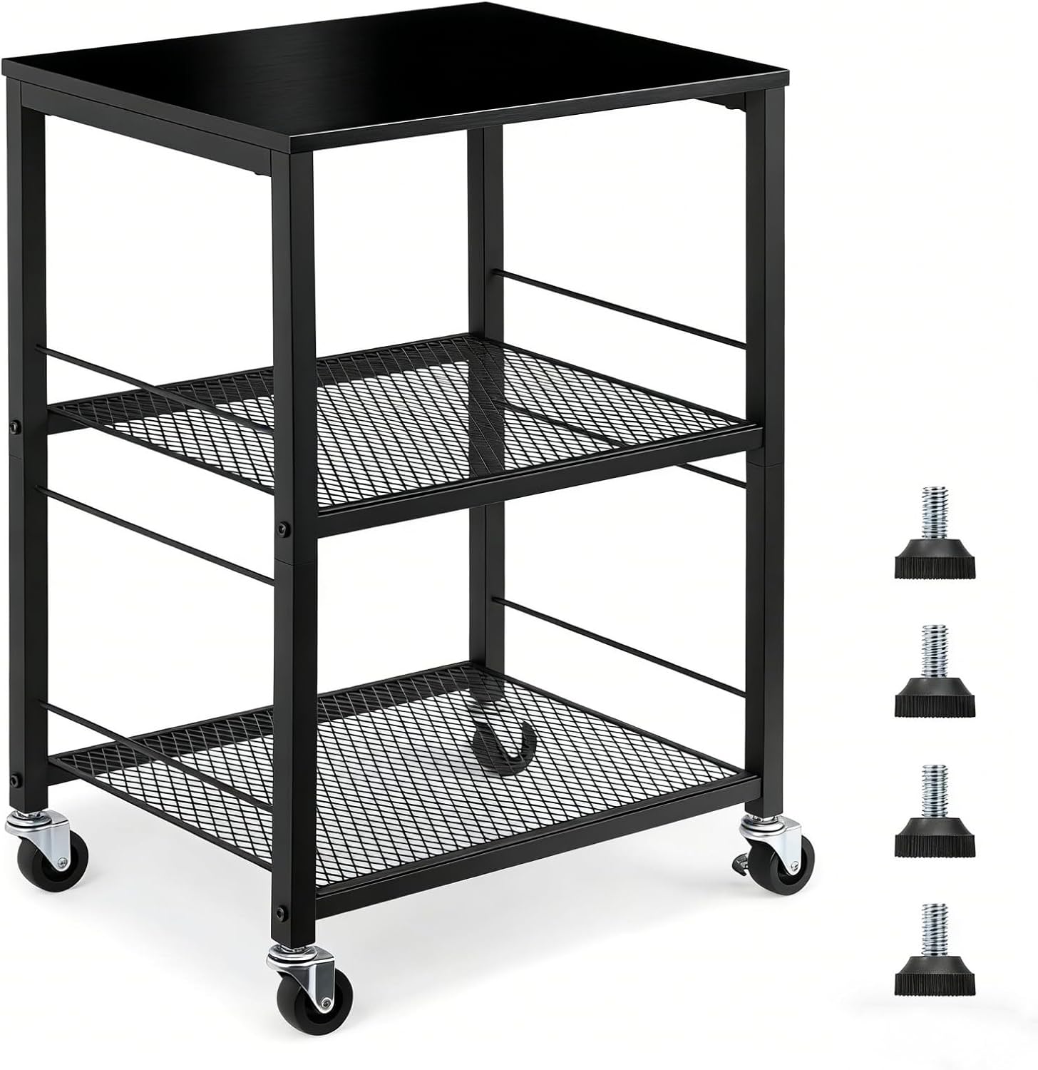 MOOACE 3 Tier End Table with Wheel, Rolling Storage Shelf Side Table Nightstand for Bedroom Kitchen Living Room Office, Stable Metal Frame and Wood Top, Black