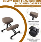 PU Leather Ergonomic Kneeling Chair, Adjustable Home and Office Stool with Thick Pads and Flexible Lockable Brake Wheels for Back Pain Relief（Coffee Brown）