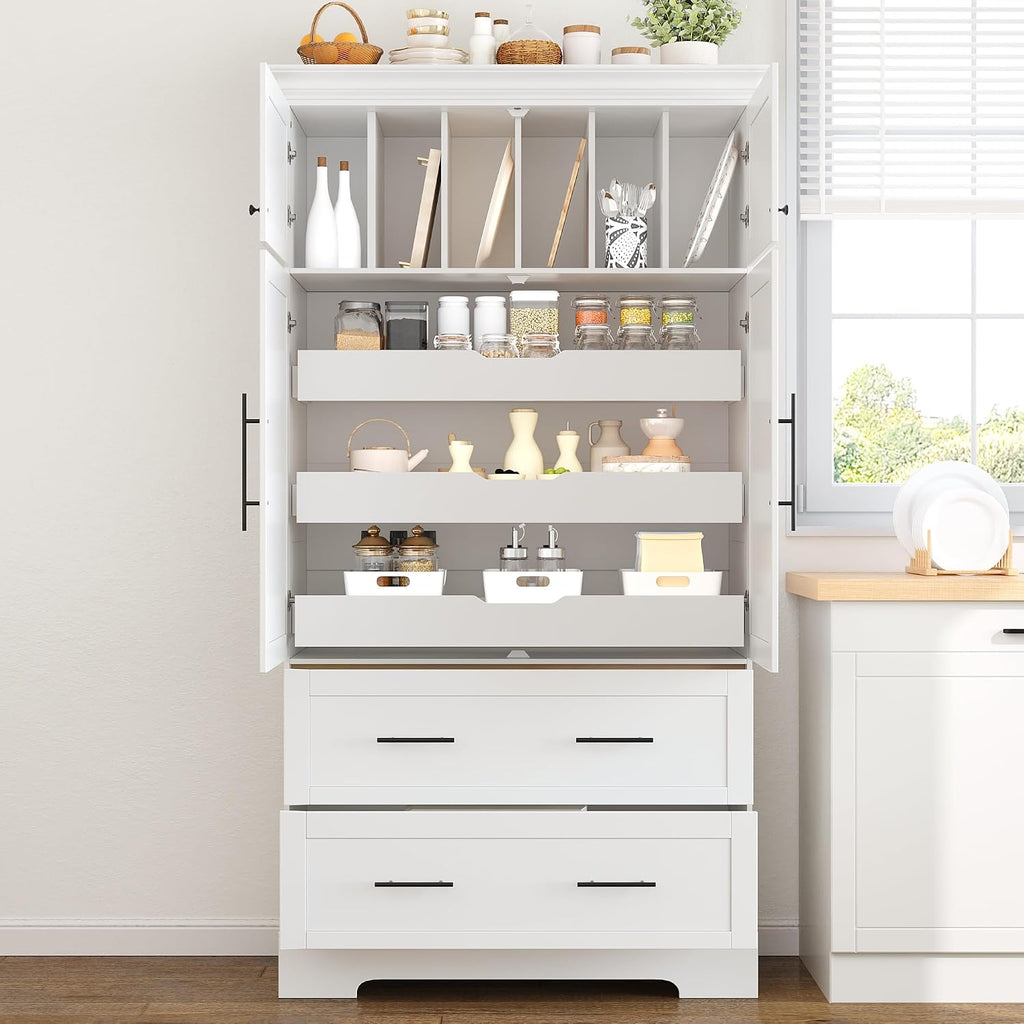 JIJIWANG 72.6" H Farmhouse Freestanding Kitchen Pantry Storage Cabinet with Drawers and Shelves, Buffet with Pull-Out Trays and Cake Pan Storage Organizer White