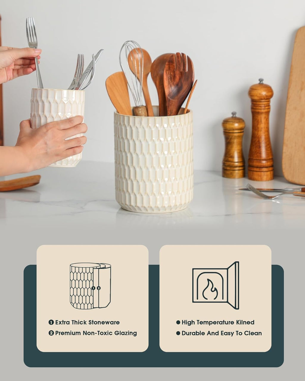 Utensil Holder Set of 2, Large & Small Ceramic Utensil Holder for Kitchen Countertop, Farmhouse Kitchen Decor, Thick Durable Utensil Crock Organizer, Beige