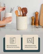 Utensil Holder Set of 2, Large & Small Ceramic Utensil Holder for Kitchen Countertop, Farmhouse Kitchen Decor, Thick Durable Utensil Crock Organizer, Beige
