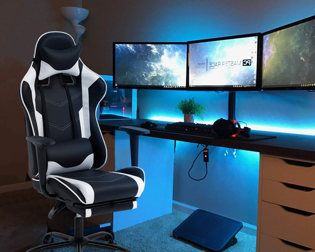 Computer Gaming Chair PC Ergonomic Office Chair Home Executive Desk Chair Adjustable High-Back PU Leather Racing Rolling Swivel Task Lumbar Support Footrest Headrest Armrest Massager