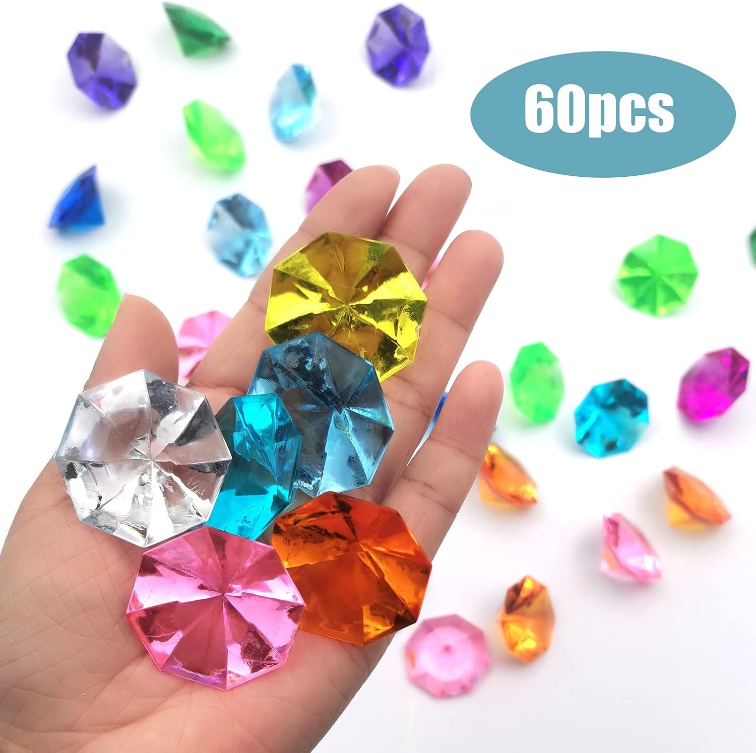60pcs Acrylic Diamond Gems Pirate Plastic Gems Large Acrylic Gems Jewels Bulk Treasure Chest Hunt Party Favors 25 Carat (Multicolor)
