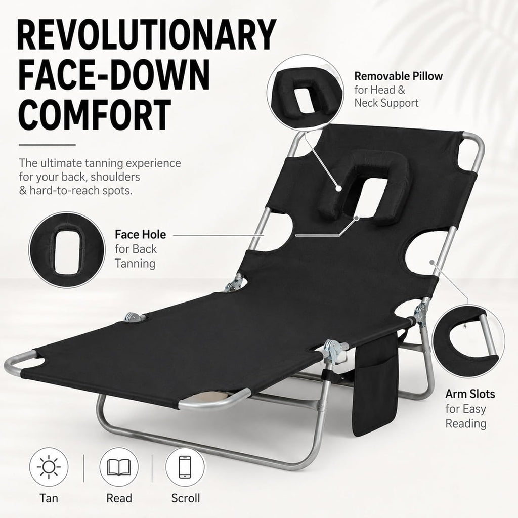 Tanning Chair, Folding Beach Lounge Chair with Face Hole and Arm Slots, 5-Position Adjustable Sun Tanning Chair with Pillow and Side Pocket, Portable Chaise Lounge for Patio Pool Outdoor, Black