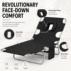 Tanning Chair, Folding Beach Lounge Chair with Face Hole and Arm Slots, 5-Position Adjustable Sun Tanning Chair with Pillow and Side Pocket, Portable Chaise Lounge for Patio Pool Outdoor, Black