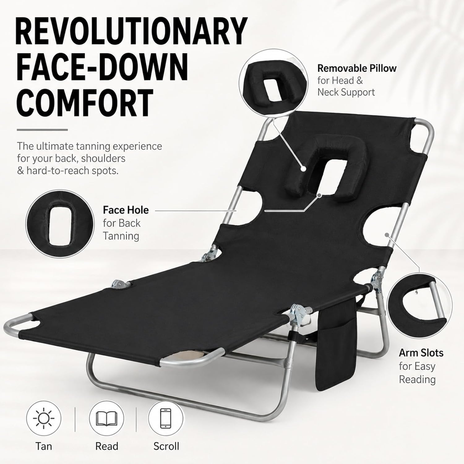 Tanning Chair, Folding Beach Lounge Chair with Face Hole and Arm Slots, 5-Position Adjustable Sun Tanning Chair with Pillow and Side Pocket, Portable Chaise Lounge for Patio Pool Outdoor, Black
