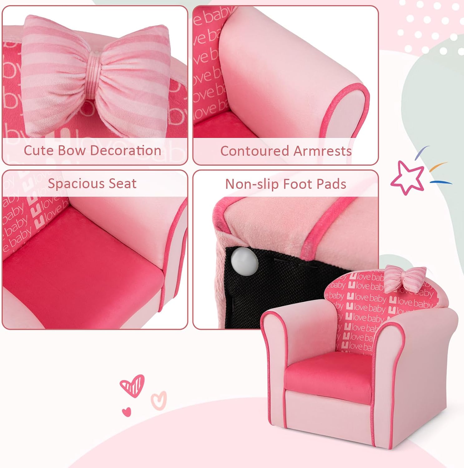 Costzon Kids Pink Couch, Children's Sofa Upholstered Armchair with Velvet Surface & High-Density Sponge, Lightweight Preschool Toddler Chair for Boys Girls, Bedroom Playroom Gift Presents