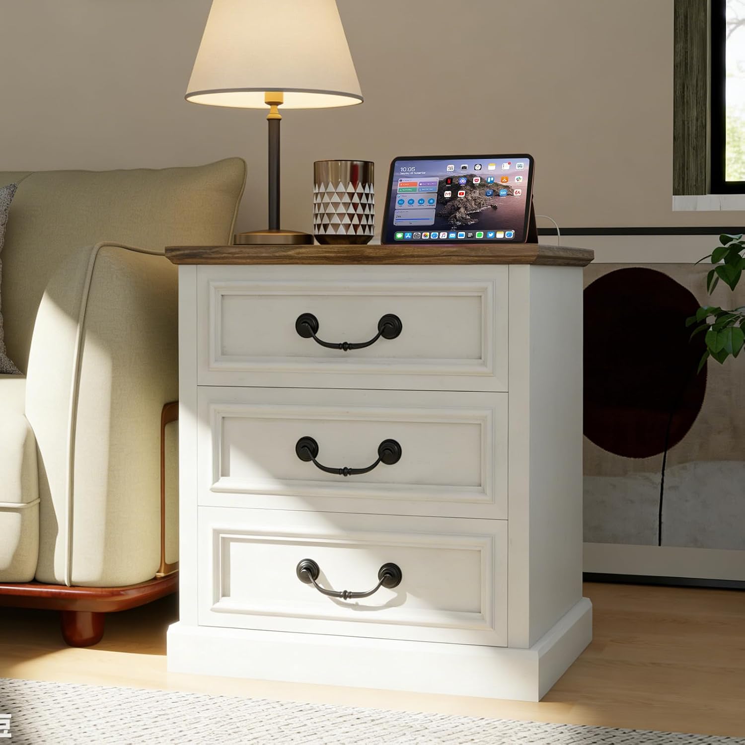 MUUEGM Night Stand with Charging Station Set of 2 Rustic White Bedside End Tables with 3 Large Storage Drawers & Vintage Handles Dresser Chest of Drawers for Bedroom, Living Room, Closet