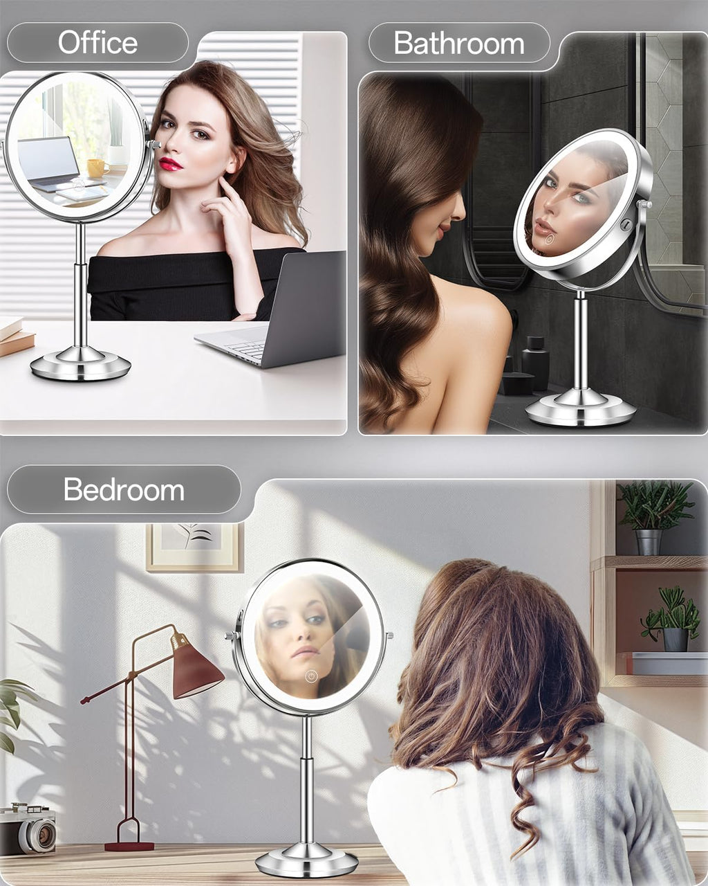 vpu Makeup Mirror with Lights, 1X/30X Lighted Magnifying Mirror Height Adjustable, 3000mAh Rechargeable Double Sided Vanity Mirrors with 3 LED Lighting and Adjustable Brightness for Desk Women Gift