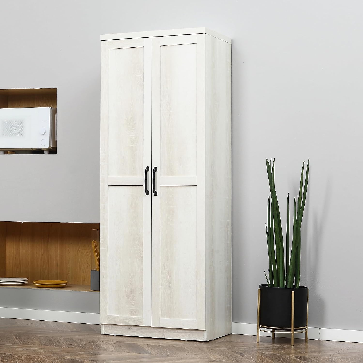 63" 2-Door Kitchen Pantry, Freestanding Storage Cabinet with 5-Tier Shelving and 2 Adjustable Shelves for Dining Room, Antique White,15.8 * 23.5 * 63