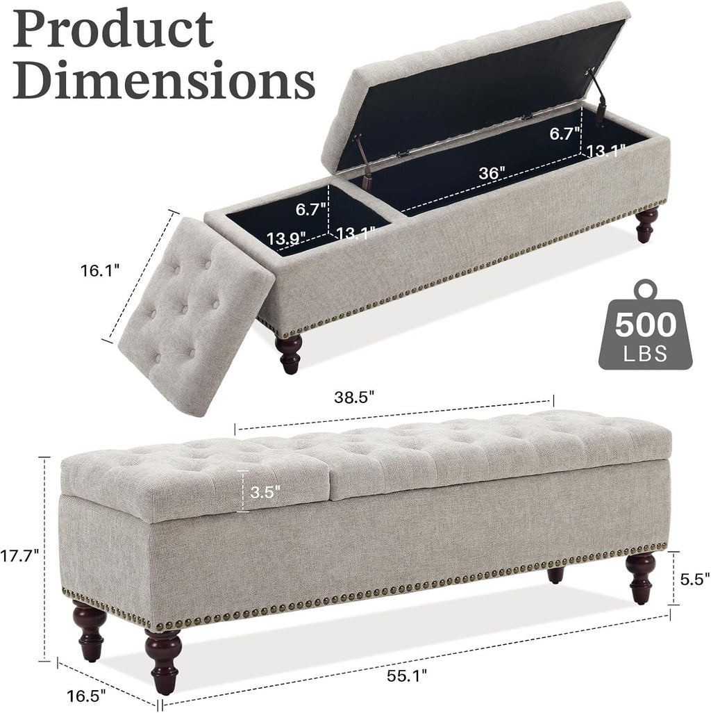 55 Inch Storage Bench for Bedroom, Tufted Upholstered Ottoman with 2 Compartments and Wood Legs, Rectangular End of Bed Bench for King or Queen Size Bed, Light Grey Fabric