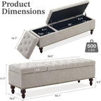 55 Inch Storage Bench for Bedroom, Tufted Upholstered Ottoman with 2 Compartments and Wood Legs, Rectangular End of Bed Bench for King or Queen Size Bed, Light Grey Fabric