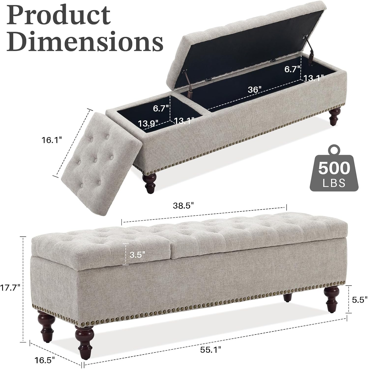 55 Inch Storage Bench for Bedroom, Tufted Upholstered Ottoman with 2 Compartments and Wood Legs, Rectangular End of Bed Bench for King or Queen Size Bed, Light Grey Fabric