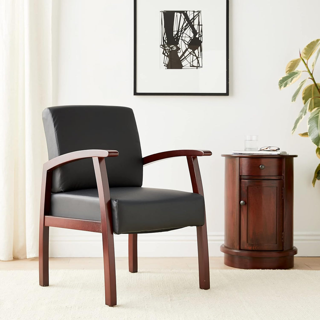 Lorell Black Leather/Wood Frame Guest Chair, Mahogany/Black