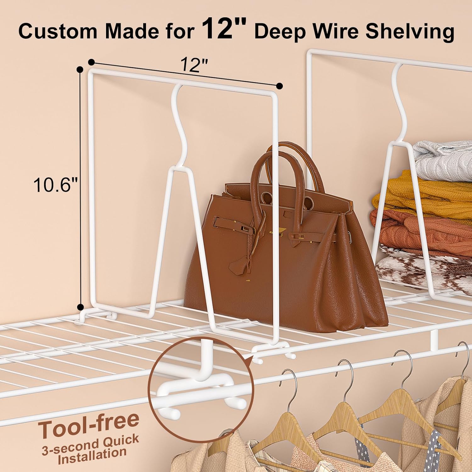 Wire Shelf Dividers for Closet: Clothes, Purse, Sweater Organizer, Vertical White Metal Rack Separators for Pantry, Bedroom, Kitchen Organization on Shelving (12" D x 10.6" H, 8 Pack)