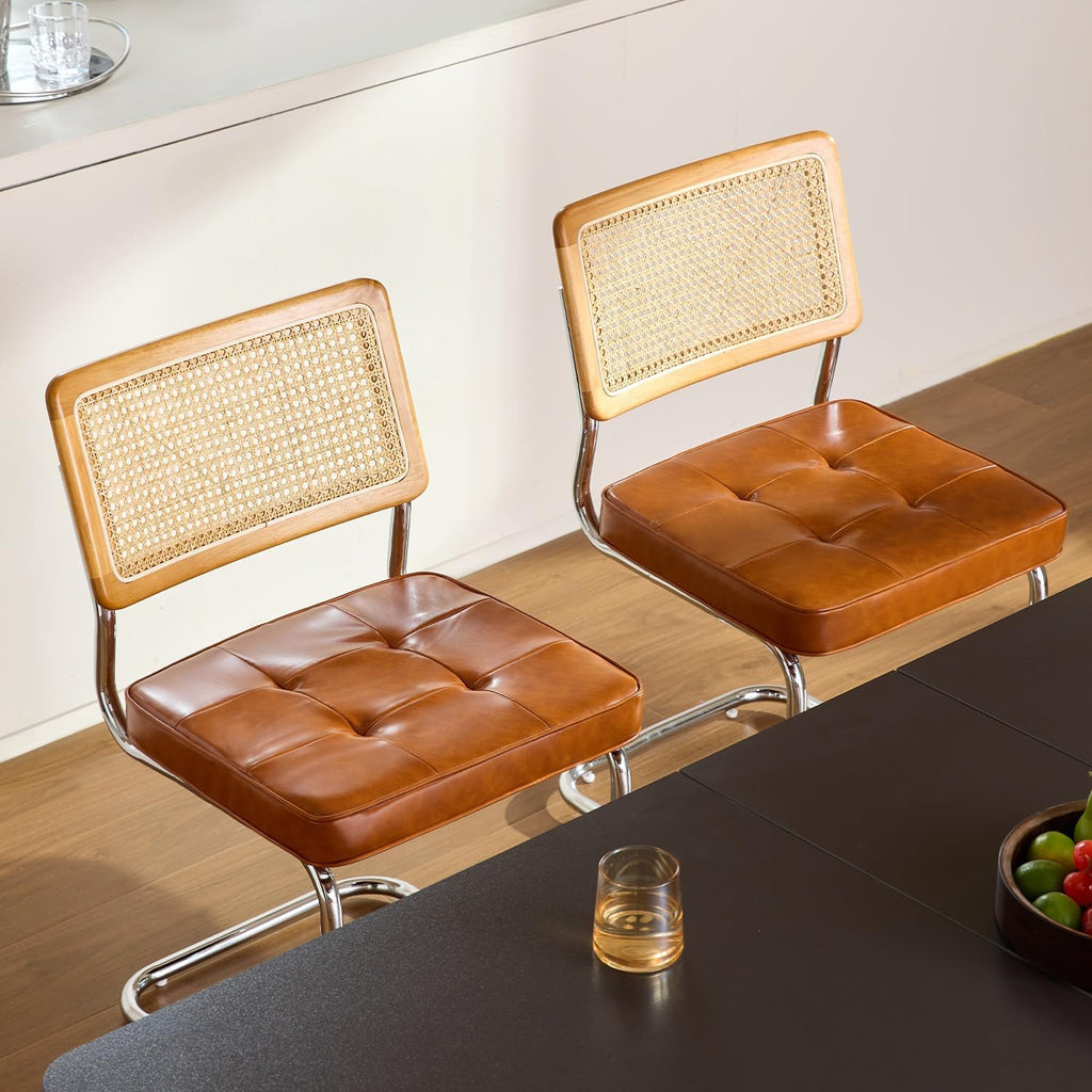 GrandNoor Rattan Dining Chairs Set of 4, Faux Leather Mid Century Modern Dining Room Chairs, Mesh Back Cane Kitchen Chair, Cesca Design Chairs with Metal Chrome Legs, Brown Leather