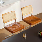 GrandNoor Rattan Dining Chairs Set of 4, Faux Leather Mid Century Modern Dining Room Chairs, Mesh Back Cane Kitchen Chair, Cesca Design Chairs with Metal Chrome Legs, Brown Leather