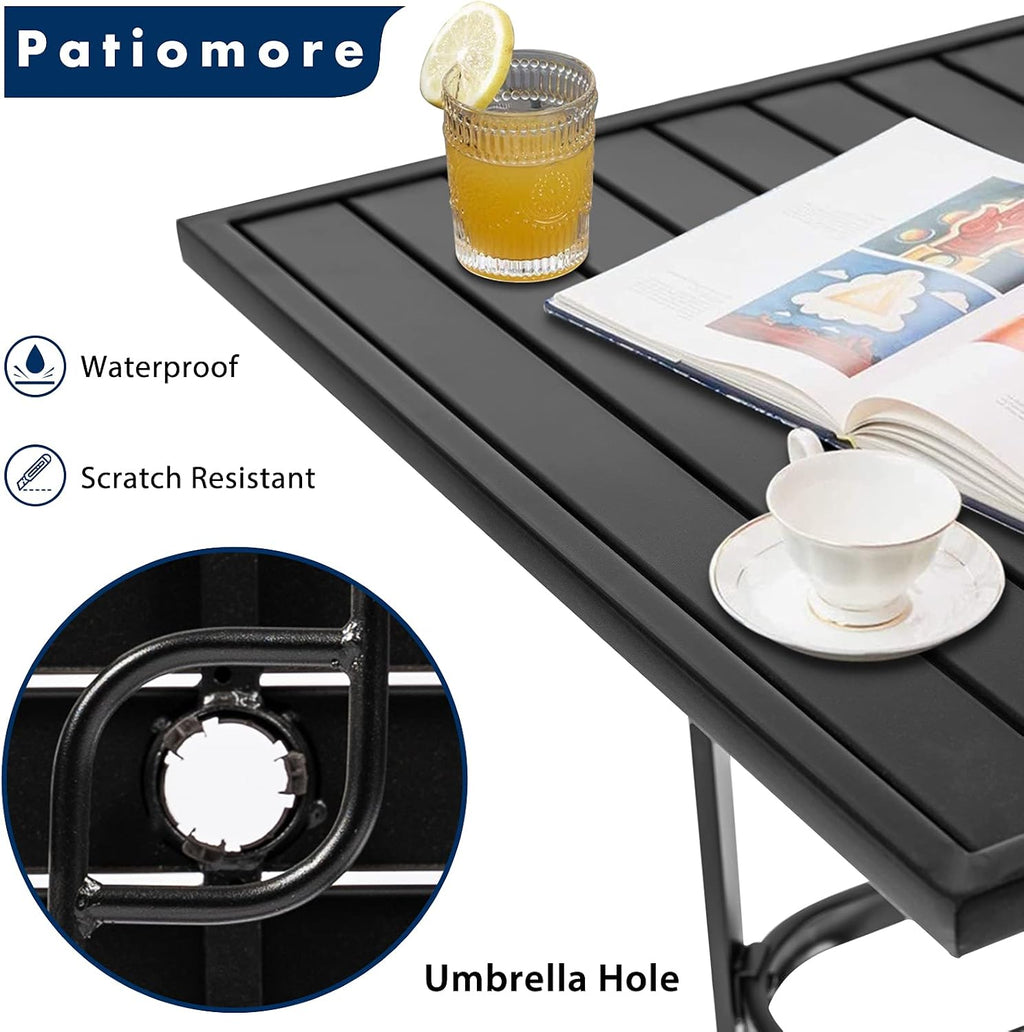 Patio Bar Table, Outdoor Bar Height Bistro Table with Umbrella Hole, Metal Frame and Slat Design (Black)