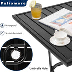 Patio Bar Table, Outdoor Bar Height Bistro Table with Umbrella Hole, Metal Frame and Slat Design (Black)