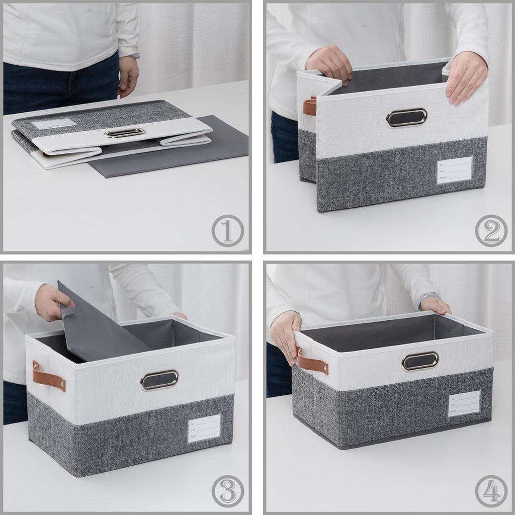 PRANDOM Larger Foldable Storage Bins with Handles [3-Pack] Fabric Collapsible Storage Boxes Baskets Cubes Containers with Handles for Closet Living Room Bedroom (Grey & White 17.3x12.2x10.4')