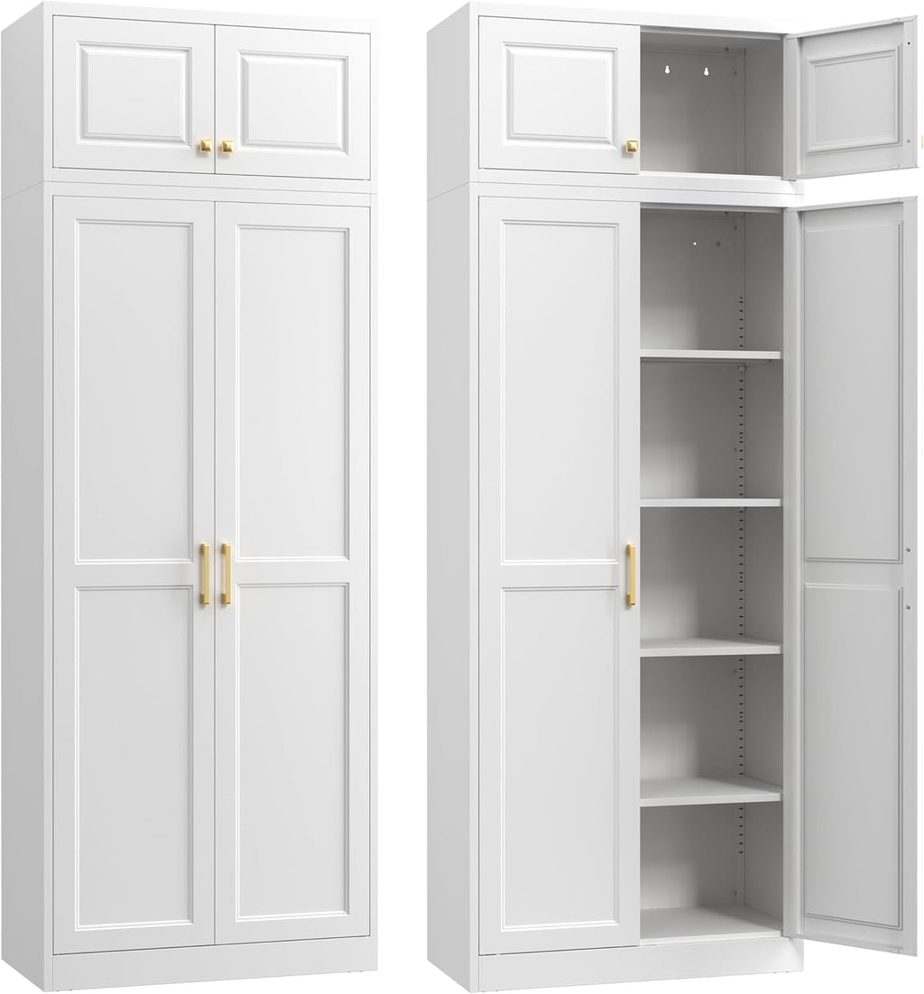 Steeloong86“ Kitchen Pantry Cabinet,Metal Storage Cabinets with Doors and 4 Adjustable Shelves,White Kitchen Cabinet with 4 Gold Handles,Tall Cabinet for Livingroom,Pantry, Bathroom
