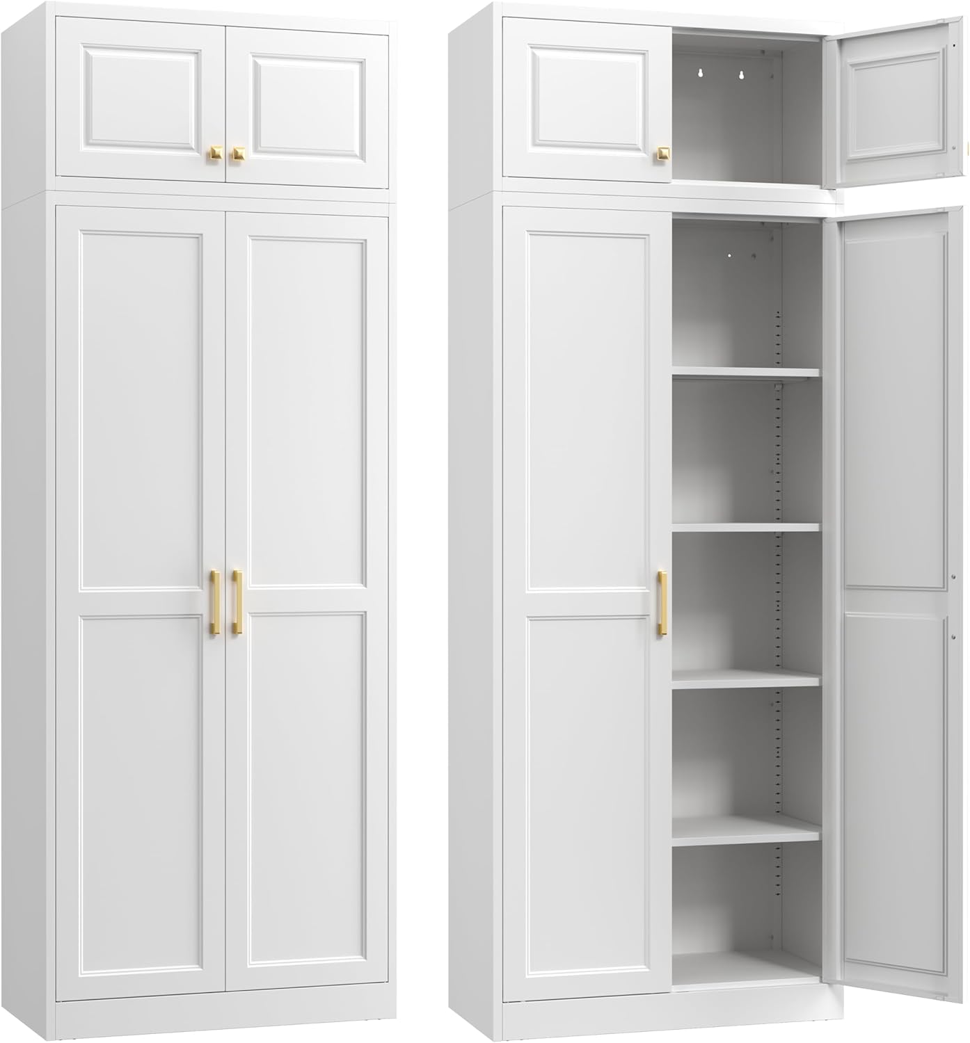 Steeloong86“ Kitchen Pantry Cabinet,Metal Storage Cabinets with Doors and 4 Adjustable Shelves,White Kitchen Cabinet with 4 Gold Handles,Tall Cabinet for Livingroom,Pantry, Bathroom