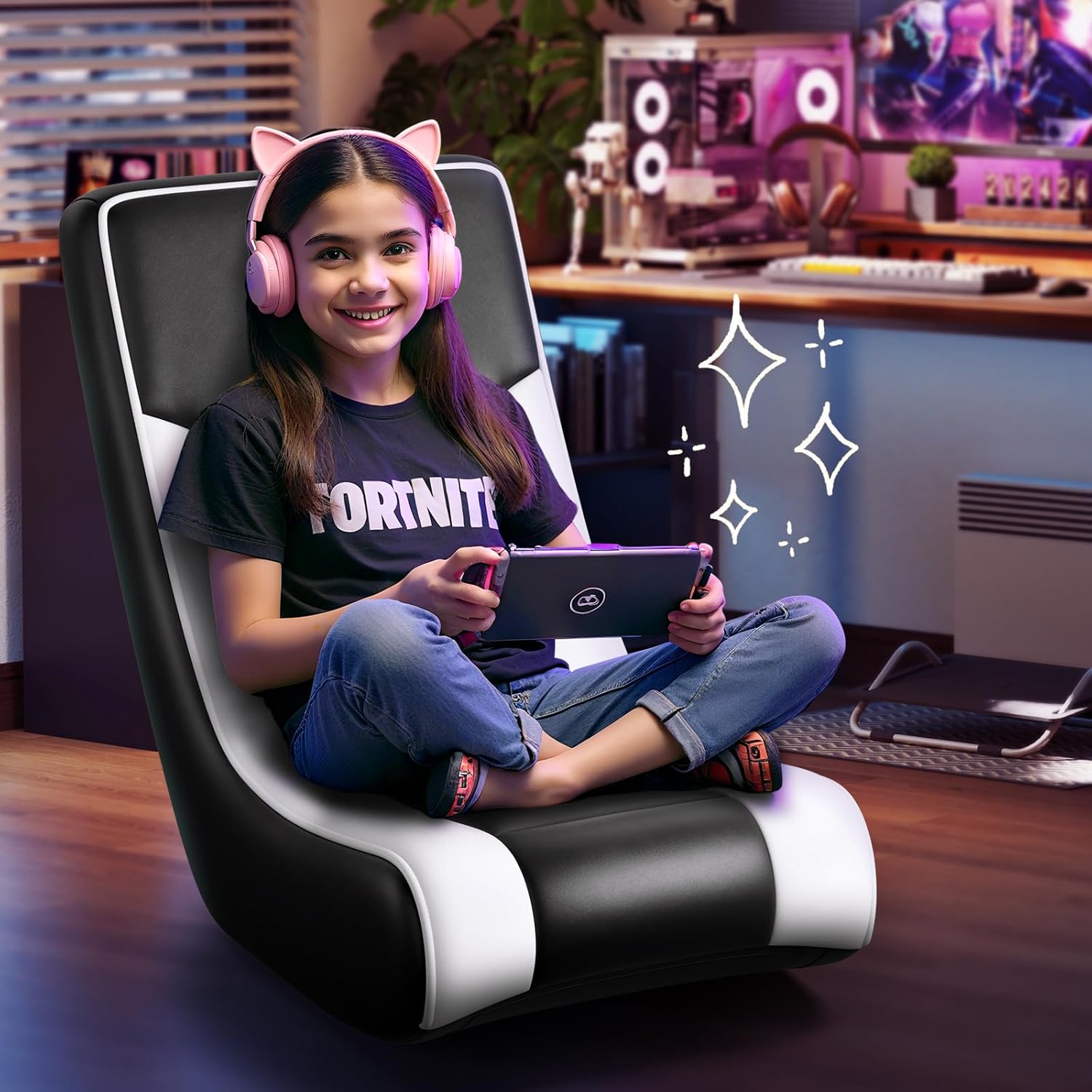 GTPLAYER Floor Rocker Gaming Chair – Adjustable Angle Limiter, Ultra Lightweight Ergonomic Floor Rocking Game Seat for Gaming and Lounging, Black & White