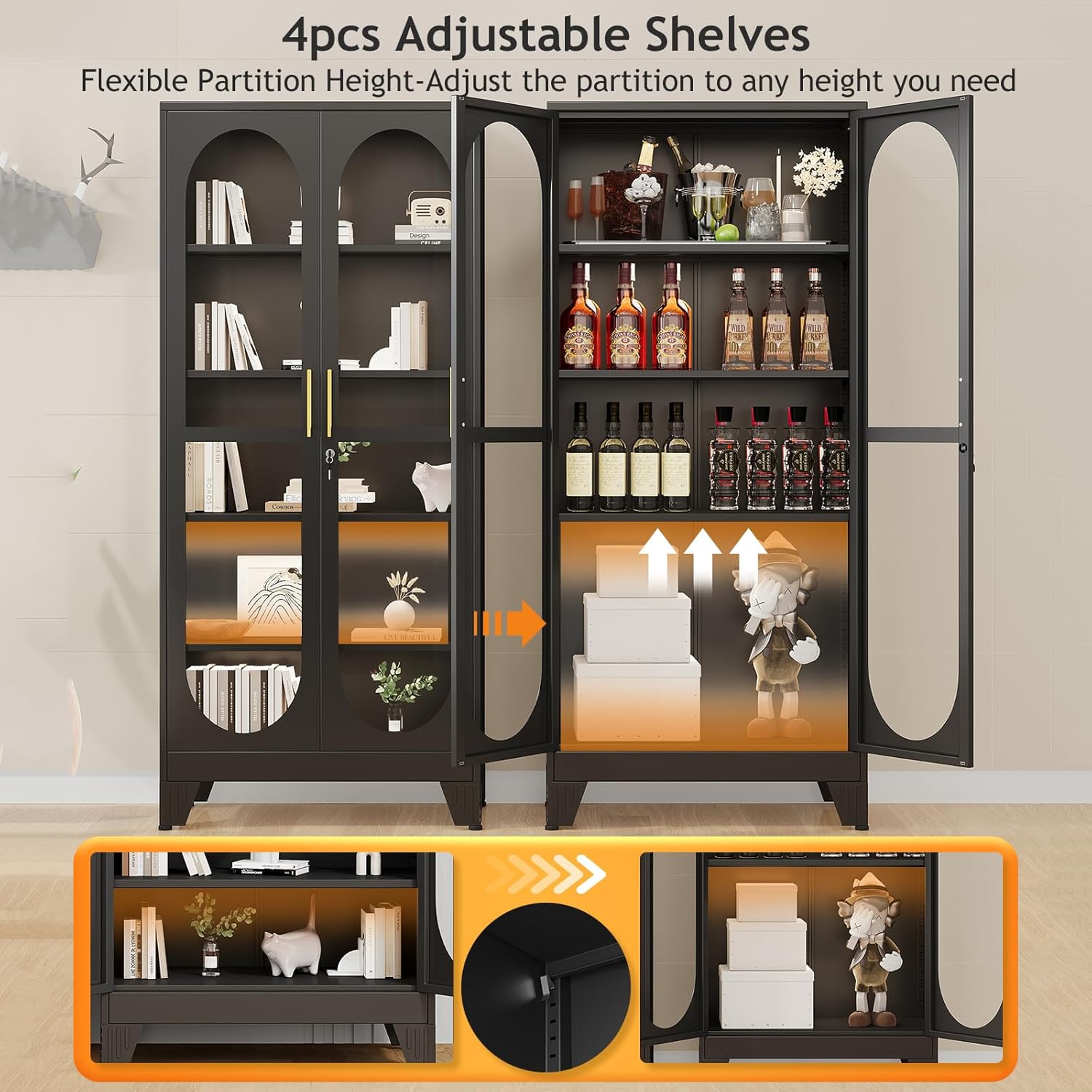 PAOFIN 71" H Locking Display Cabinet with Glass Door, Metal Curio Cabinets with 4 Adjustable Shelves, Tall Liquor Cabinet Display Case for Living Room, Collectibles, Home - Assembly Required Black