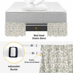 Farmhouse Sage Green Bed Skirt for Queen Size Bed 18" Drop,Dust Ruffle Wrap Around Bedskirt with Elastic Strap,Vintage Flower Leaf Botanical Adjustable Easy Fitting Pleated Bed Frame Cover