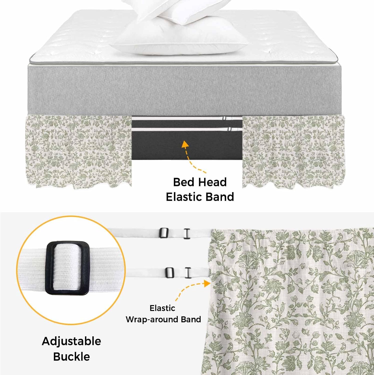 Farmhouse Sage Green Bed Skirt for Queen Size Bed 18" Drop,Dust Ruffle Wrap Around Bedskirt with Elastic Strap,Vintage Flower Leaf Botanical Adjustable Easy Fitting Pleated Bed Frame Cover