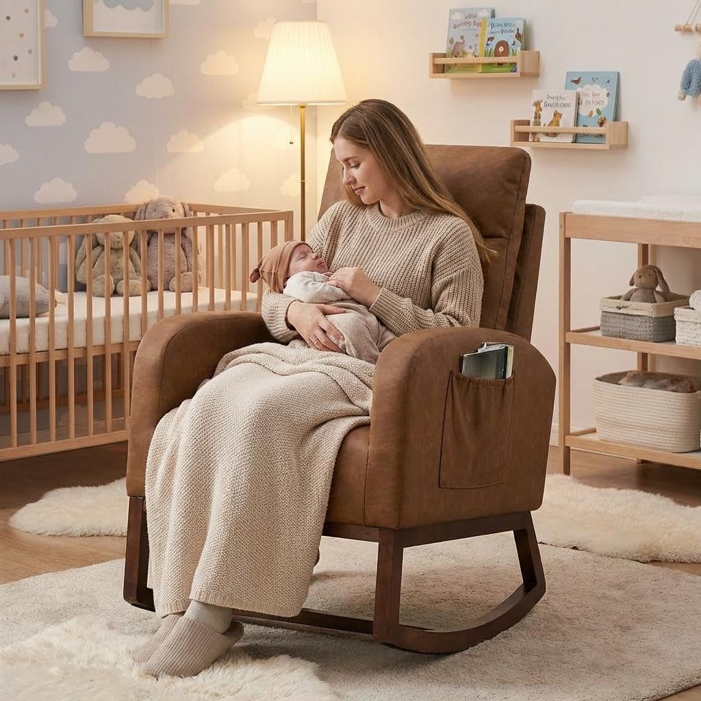 Nursery Rocking Chair with High Backrest and Side Pocket, Glider Accent Armchair with Rubber Wood Legs for Living Room, Bedroom, or Nursery, PU Vintage Brown