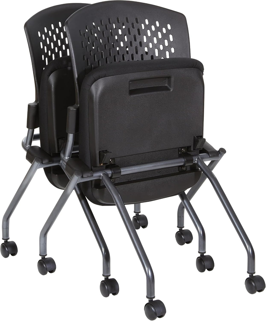 Office Star Deluxe Ventilated Plastic Wrap Around Back Folding Nesting Chair 2 Pack, Coal FreeFlex Fabric