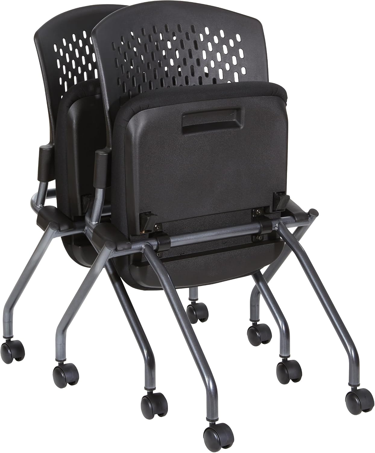 Office Star Deluxe Ventilated Plastic Wrap Around Back Folding Nesting Chair 2 Pack, Coal FreeFlex Fabric