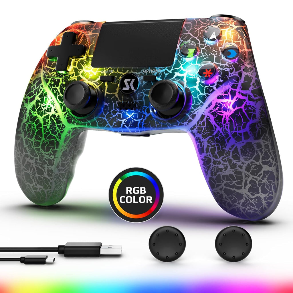 Boowen Wireless Controller for PS4, Controller Compatible with PS4/Pro/Slim,Double Shock 6-Axis Motion Sensor, Sensitive Touch Pad, Built-in Speaker & Stereo Headphone Jack (Black Crack RGB Light)