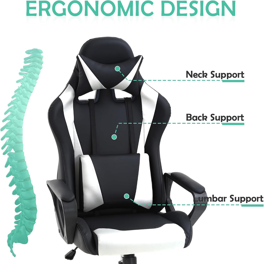 Gaming Chair, Video Game Chair, Cheap Computer Gaming Chair PU Leather High Back PC Gaming Chair Ergonomic Racing Swivel Office Desk Chair with Headrest and Lumbar Support for Adults Kids White