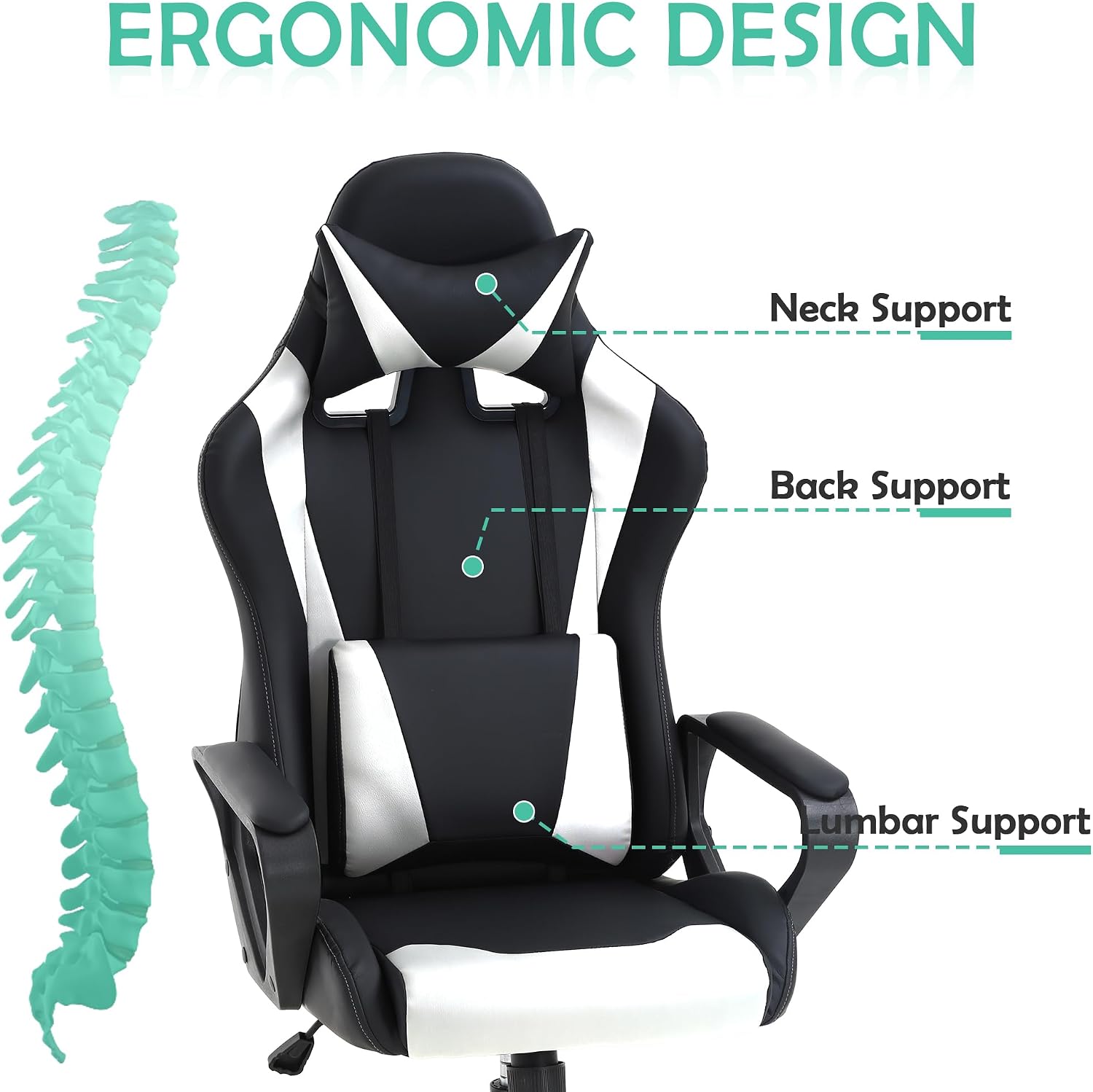 Gaming Chair, Video Game Chair, Cheap Computer Gaming Chair PU Leather High Back PC Gaming Chair Ergonomic Racing Swivel Office Desk Chair with Headrest and Lumbar Support for Adults Kids White