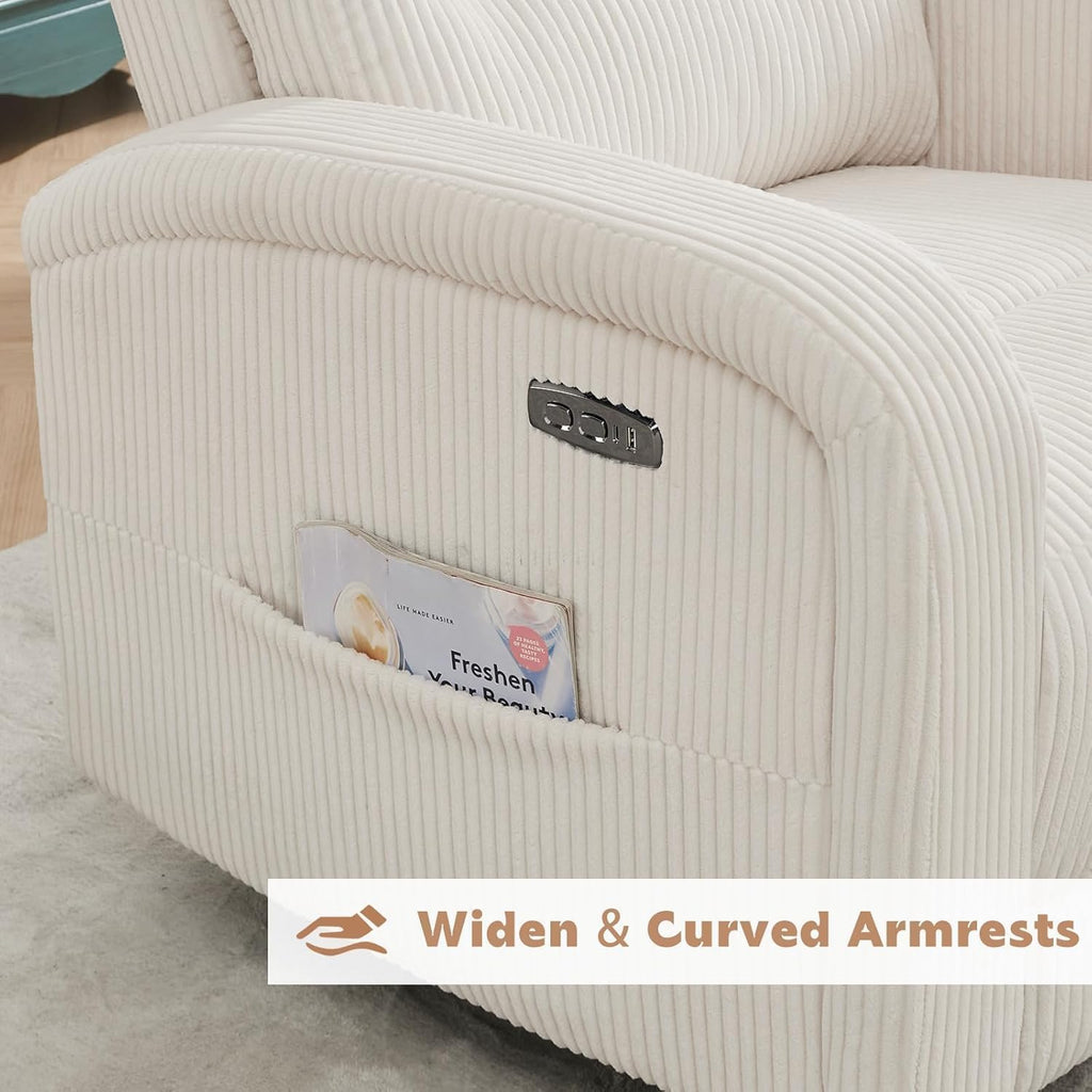 Power Swivel Rocker Recliner Chair,Nursery Glider Recliner,Cream White | 270° Swivel Rocker with Type-C & USB Port Double Pockets,Upholstered Glider Recliner Nursery Chair for Living Room Bedroom