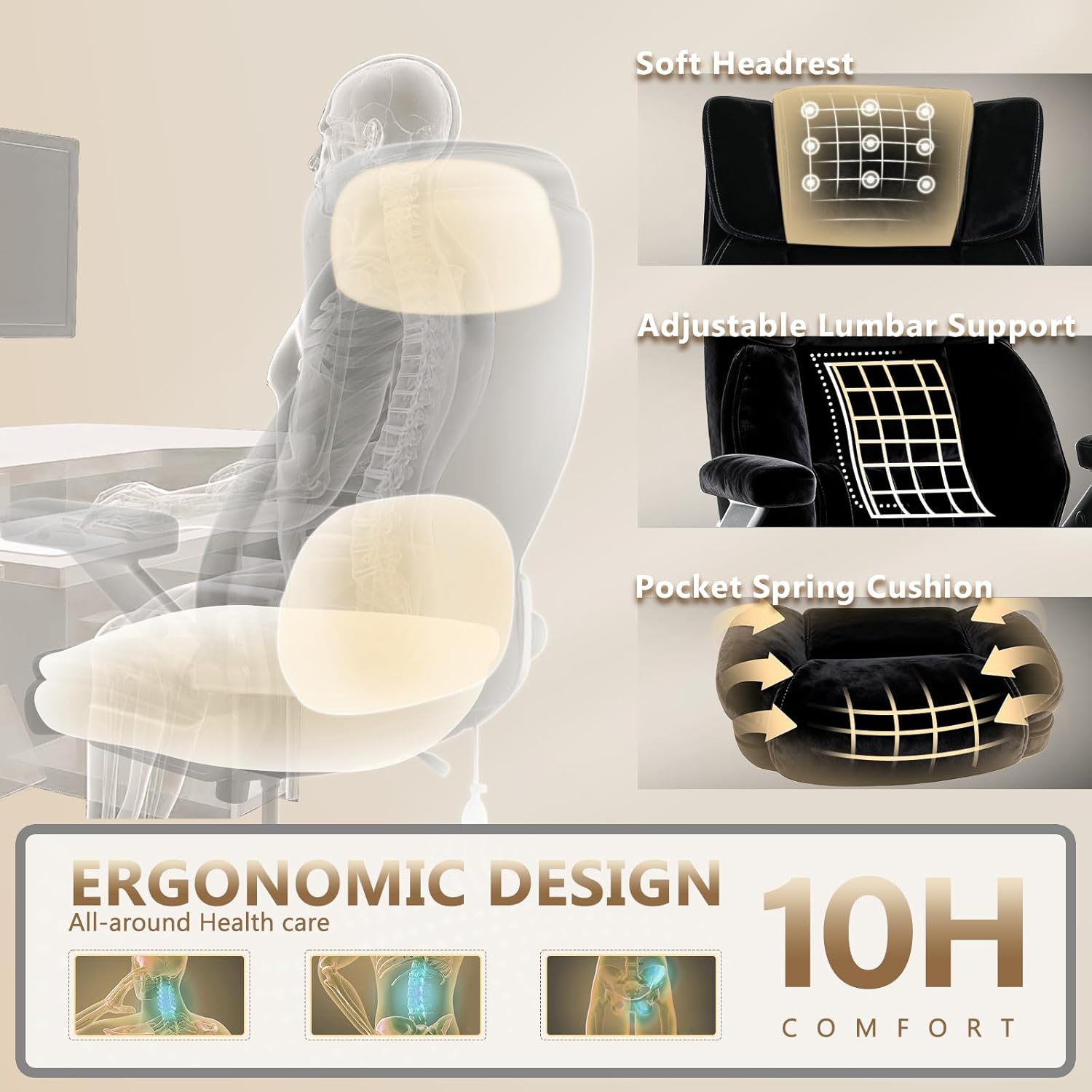 Fabric Big and Tall Office Chair 600LBS Capacity with 5D Flip Arms,Heavy Duty Cloth Computer Chair,Plus Size High Back Desk Chair with Wide Pocket Spring Seat