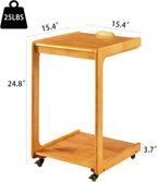 Solid Wood C-Shaped Side End Table with Casters, Adjustable Tilt Top Mobile Laptop Desk, 2-Tier Rolling Sofa Table with Storage Shelf for Couch & Bed, Living Room Easy Assembly Wood Natural BJ101-OA