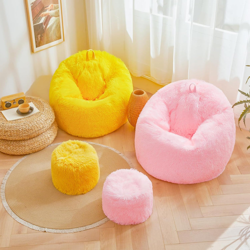 Pink fluffy bean bag chair covers (No Filler), comfy Plush Pink bean bag chair Cover for bedroom, stuffed animal Storage, kids adults teens girls bean bag chairs, Anti-Slip