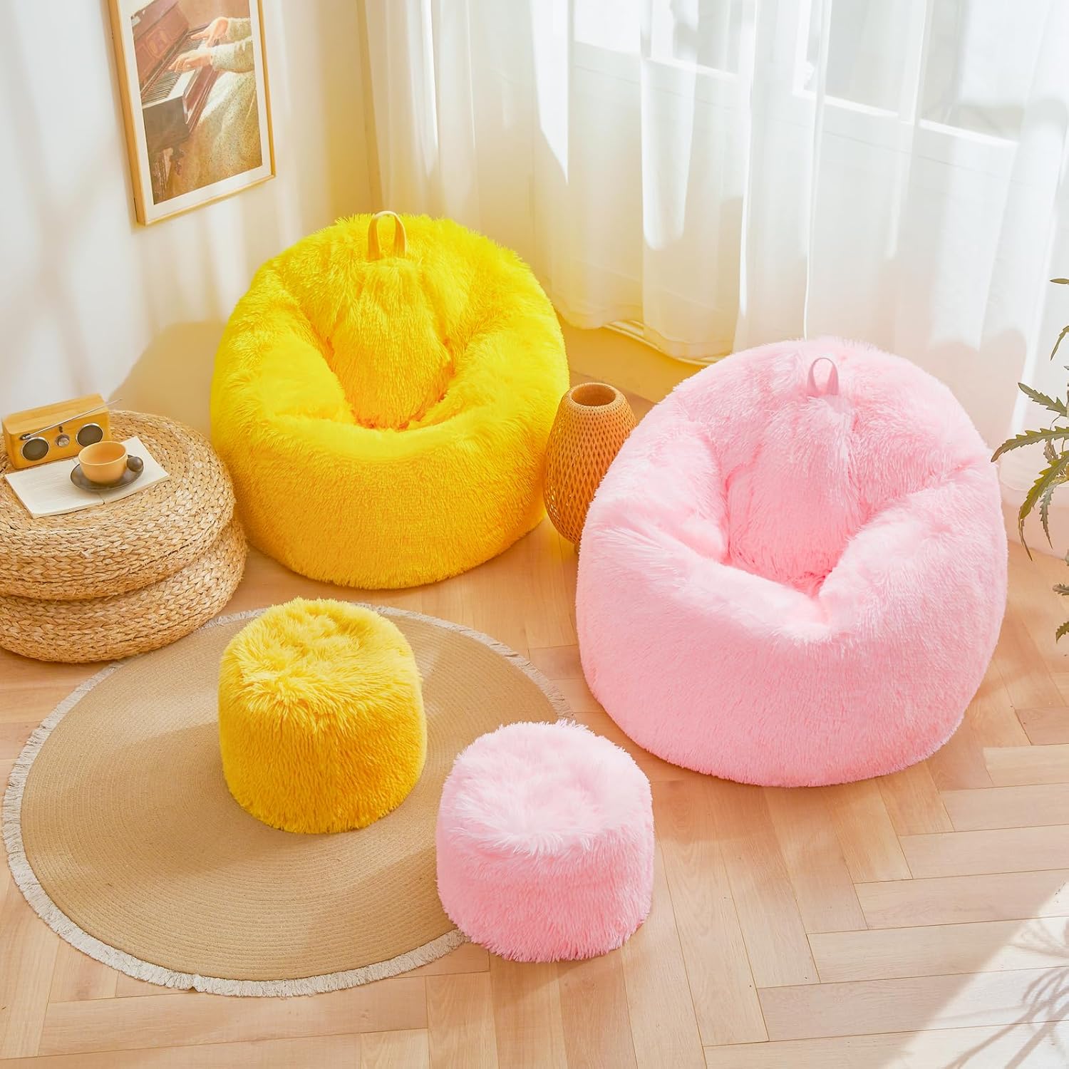 Pink fluffy bean bag chair covers (No Filler), comfy Plush Pink bean bag chair Cover for bedroom, stuffed animal Storage, kids adults teens girls bean bag chairs, Anti-Slip