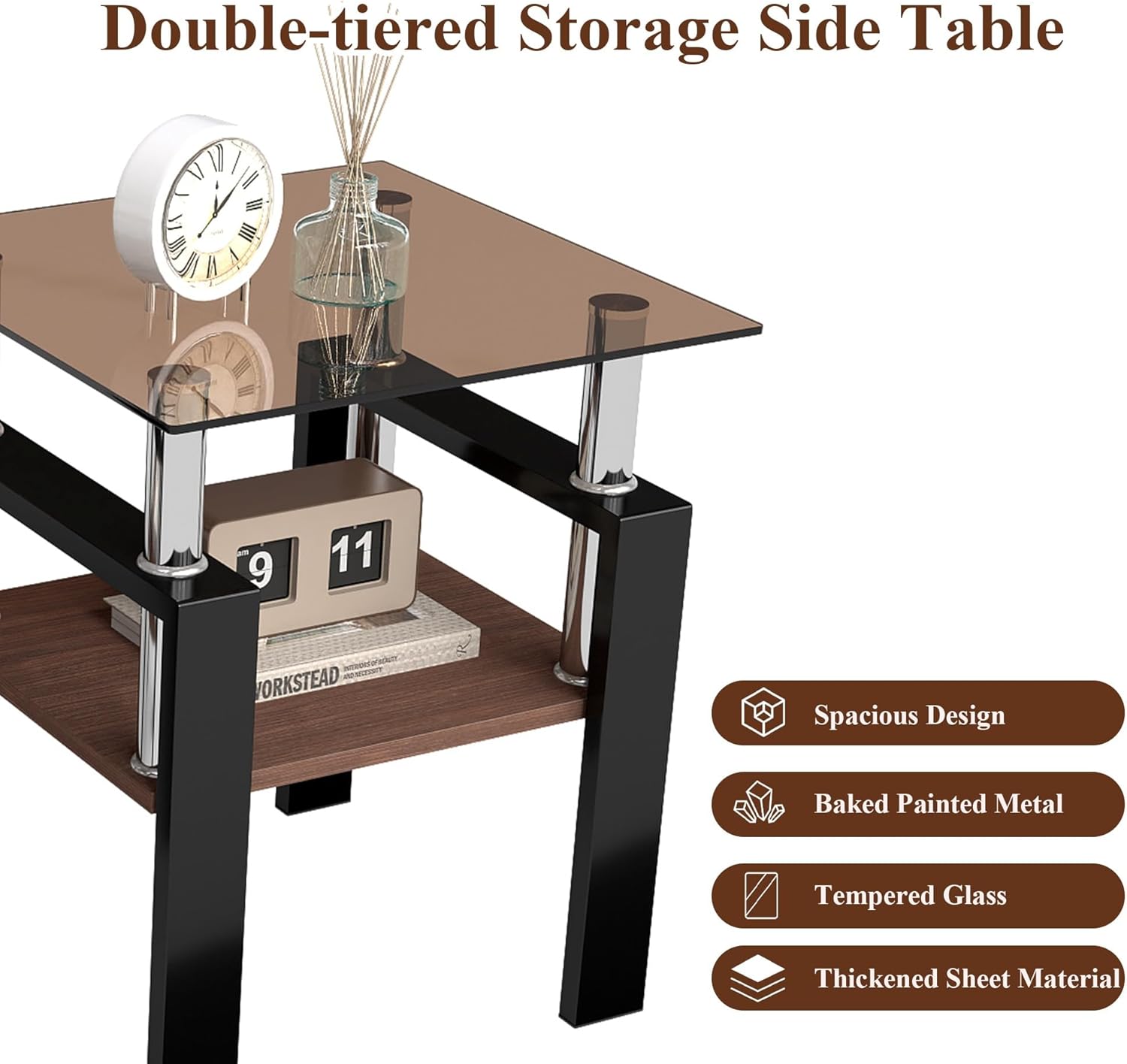 17.72'' Glass Side Table Set of 2, 2 Tier Couch End Table with Tempered Glass Top & Metal Lges, Black End Tables with Brown Top, Small Nightstand Set of 2 for Living Room, Small Space