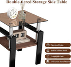 Glass Side Table Set of 2, Small 2-Tier End Table with Tempered Glass Top and Metal Legs, Clear Small Corner Table for Living Room, Bedroom, Apartment (Brown+Black)