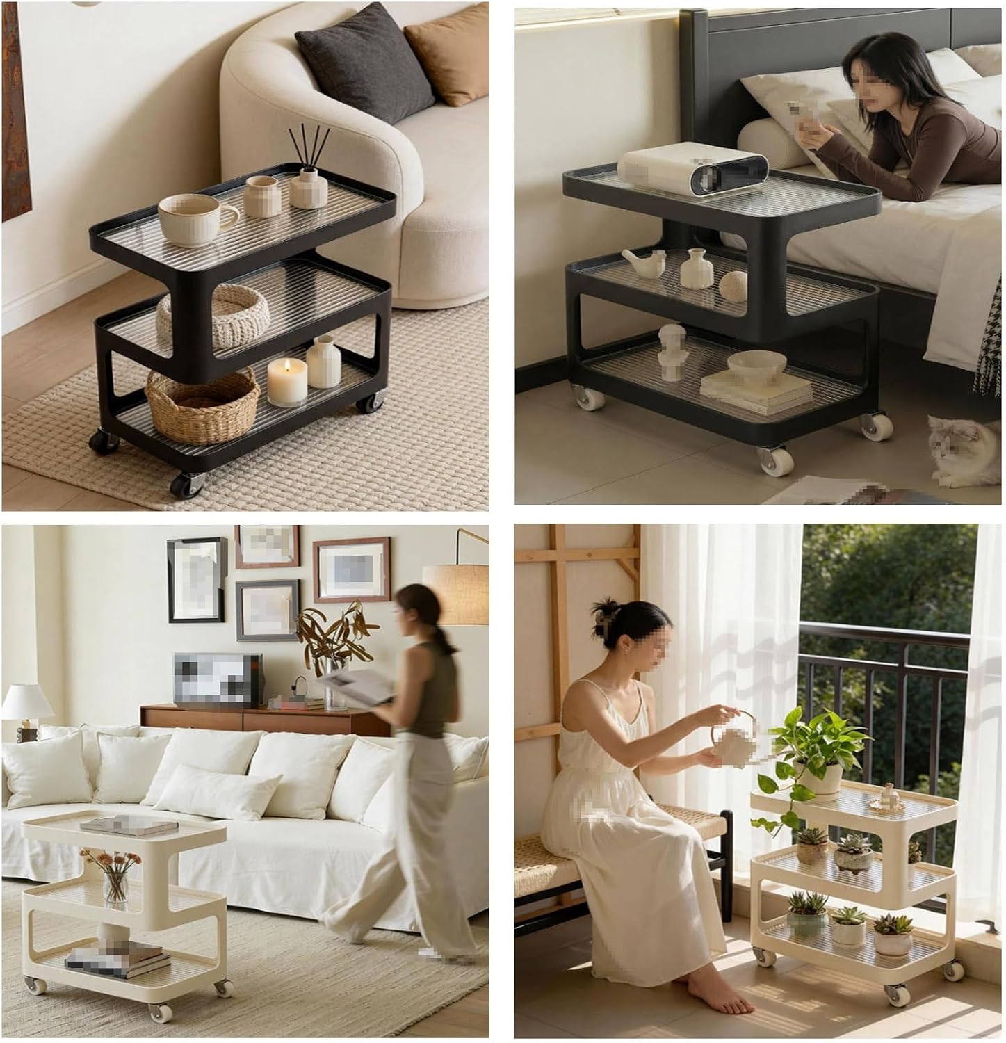 Luxury 3-Tier Slim Storage Cart, Rolling Side Table with Tempered Glass & Lockable Wheels, Mobile End Table for Living Room Bedroom, Space Saving Cream/Black(Black,50cm/19.7in)