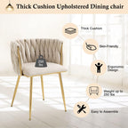 NIOIIKIT Modern Velvet Dining Chairs Hand Weaving Accent Chairs Living Room Chairs Upholstered Side Chair with Golden Metal Legs for Dining Room Kitchen Vanity Living Room (Ivory)