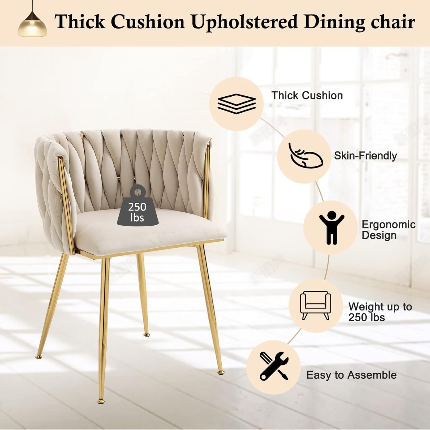 NIOIIKIT Modern Velvet Dining Chairs Hand Weaving Accent Chairs Living Room Chairs Upholstered Side Chair with Golden Metal Legs for Dining Room Kitchen Vanity Living Room (Ivory)